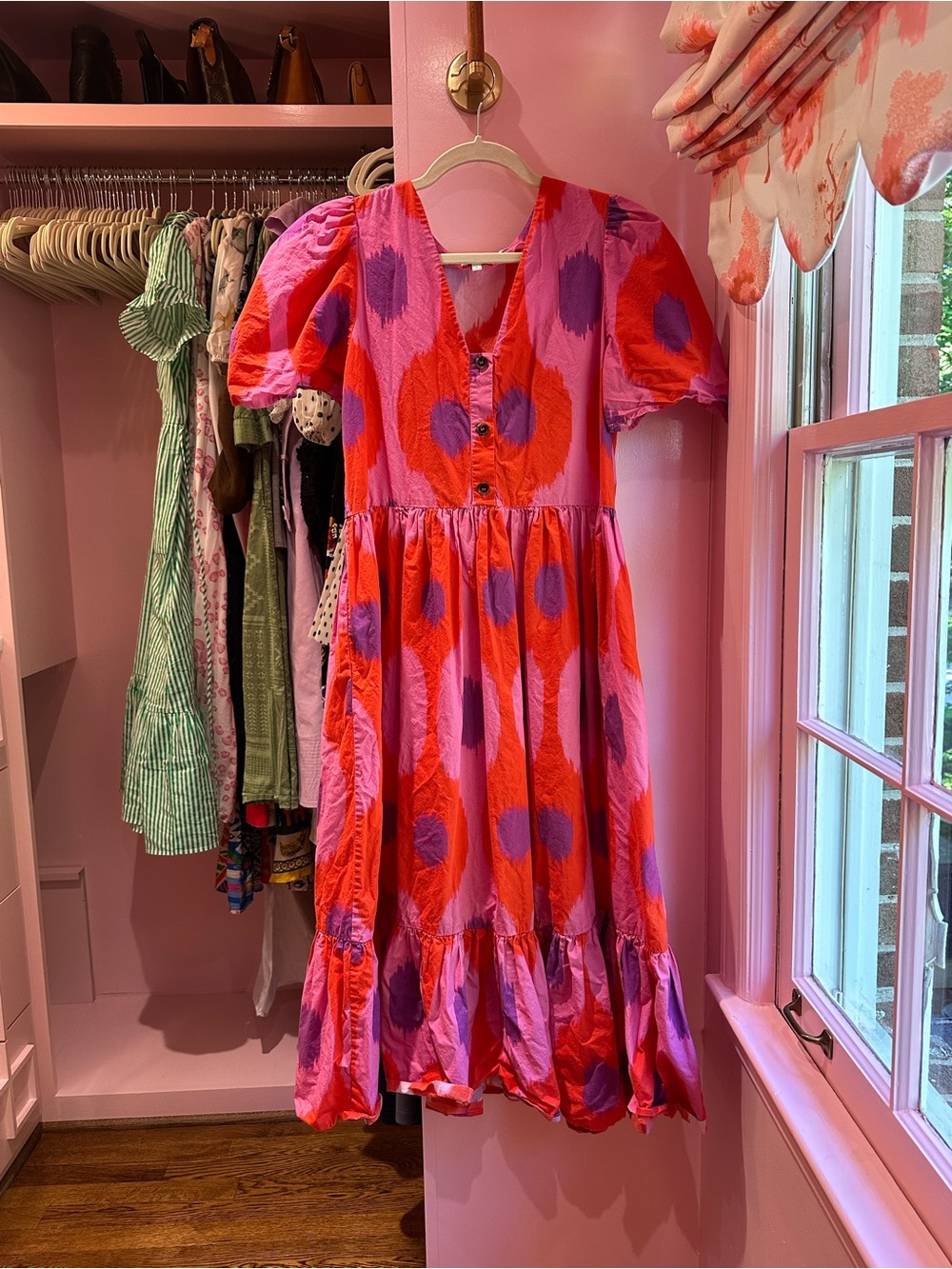 RHODE Pink and Red Puff-Sleeve Dot Midi Dress